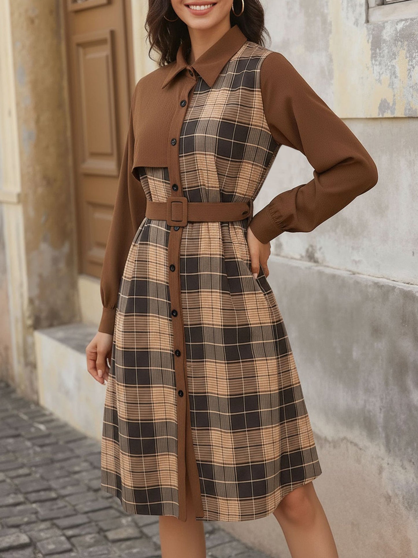 Plaid Patchwork Long Sleeves Belted Midi Shirt Dress