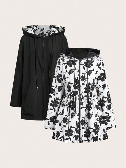 Reversible Hooded Zipper Printed Pockets Jacket