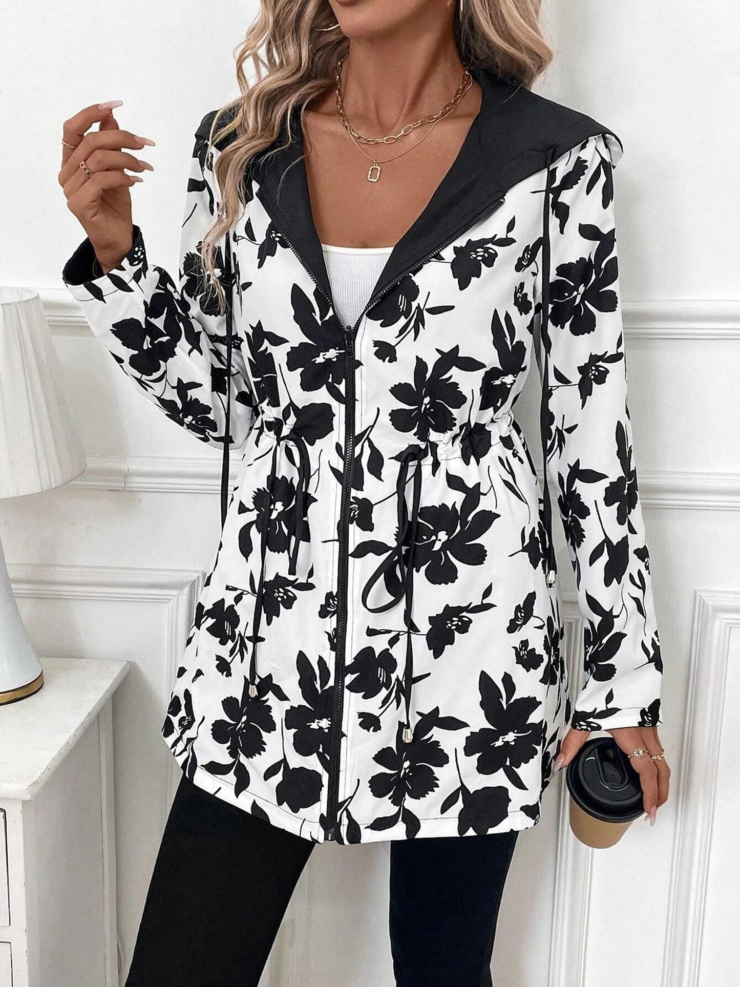 Reversible Hooded Zipper Printed Pockets Jacket