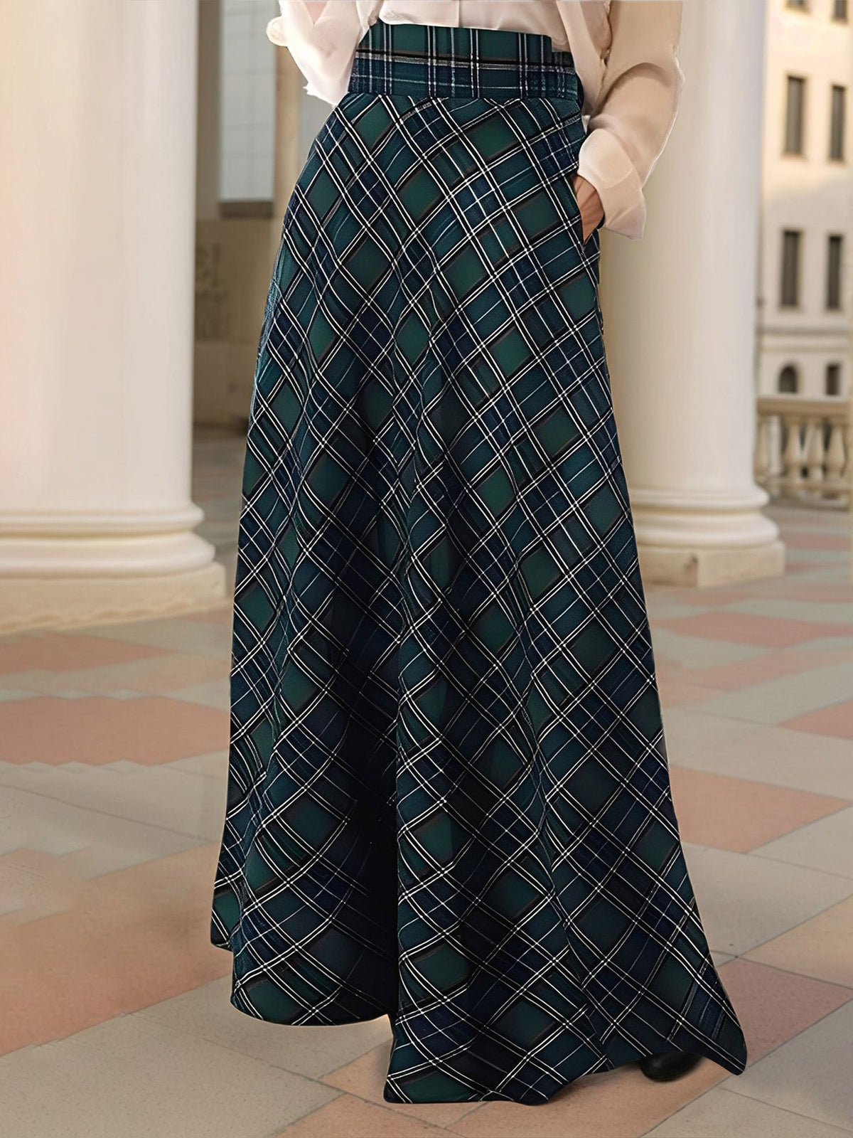 Christmas Plaid Pockets A-line Maxi Skirt