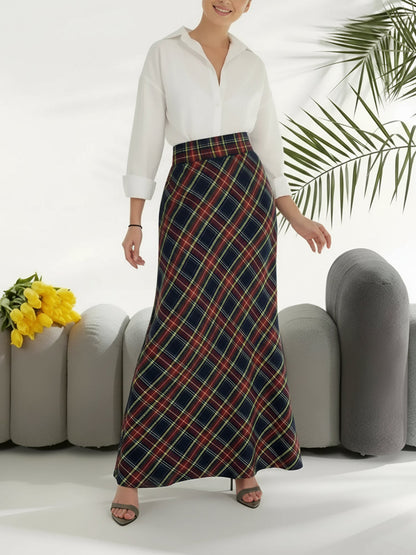 Christmas Plaid Pockets A-line Maxi Skirt