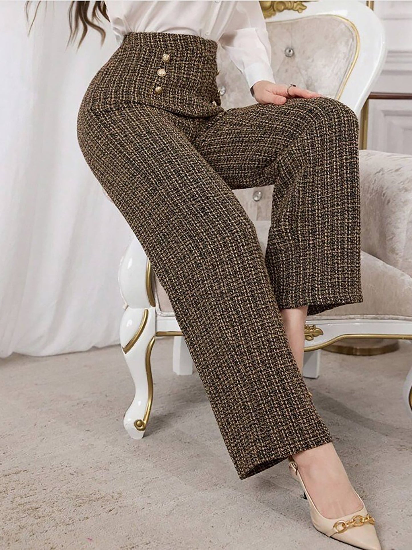 Plaid Tweed High Waisted Wide Legs Trousers Pants