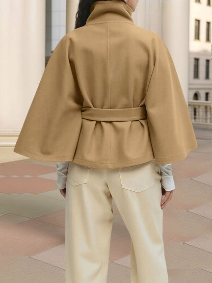 Stand Collar Solid Color Belted Cape Coat