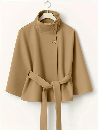 Stand Collar Solid Color Belted Cape Coat