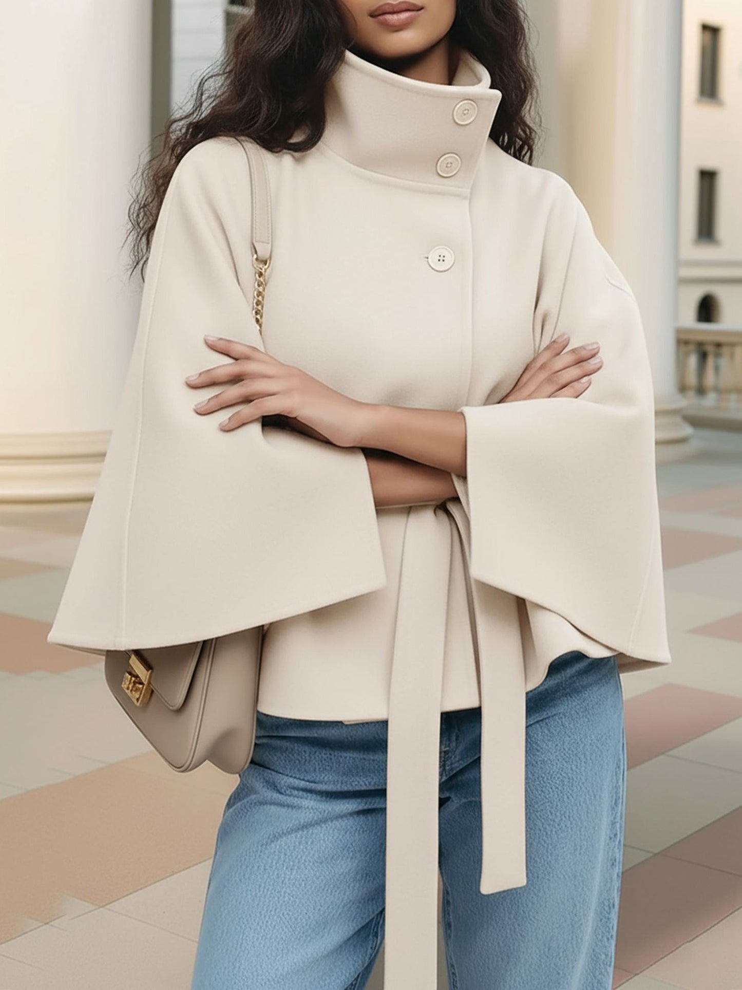 Stand Collar Solid Color Belted Cape Coat