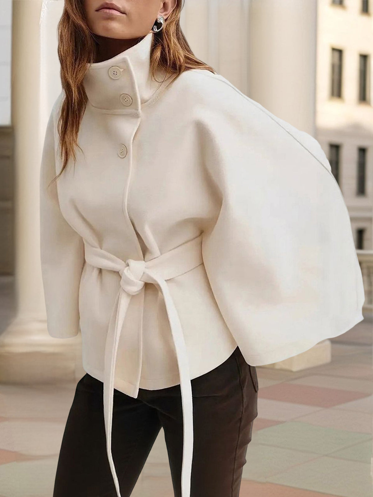 Stand Collar Solid Color Belted Cape Coat