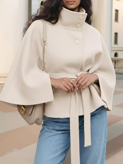 Stand Collar Solid Color Belted Cape Coat