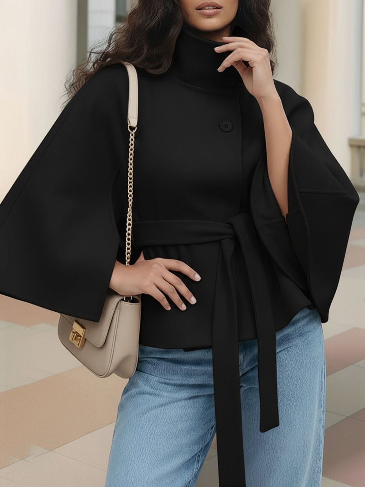 Stand Collar Solid Color Belted Cape Coat