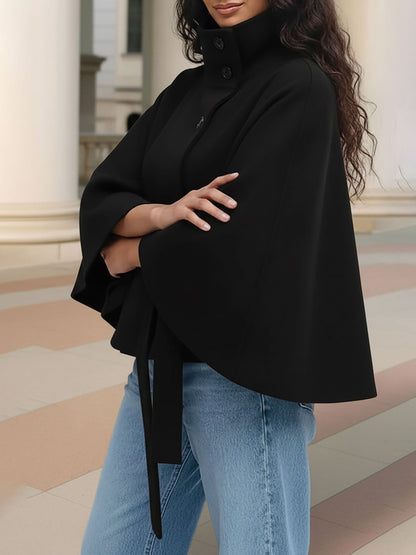 Stand Collar Solid Color Belted Cape Coat