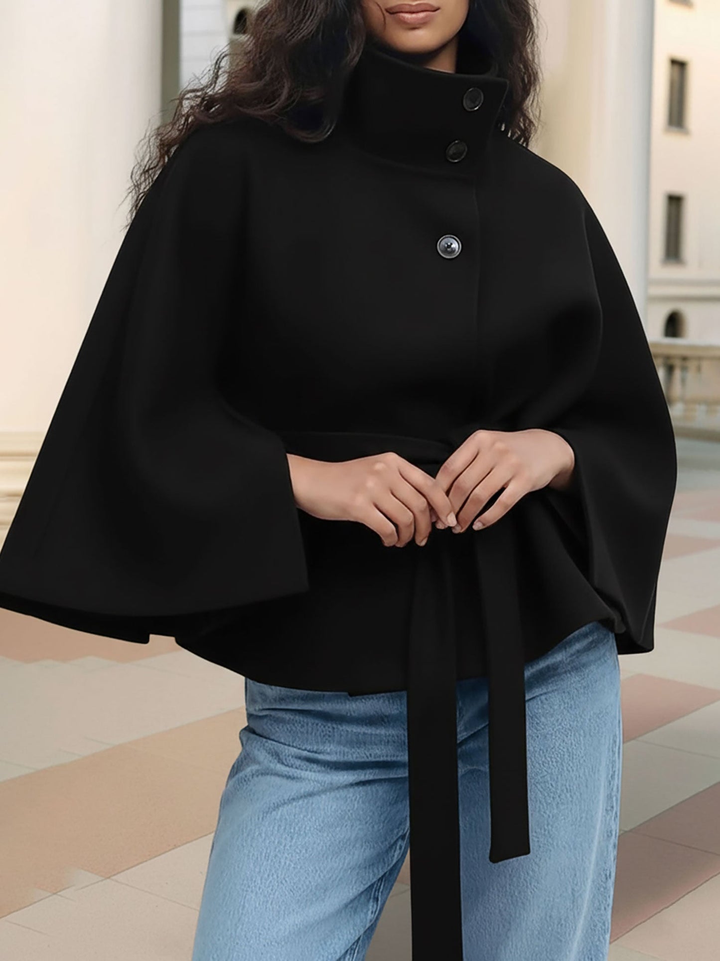 Stand Collar Solid Color Belted Cape Coat