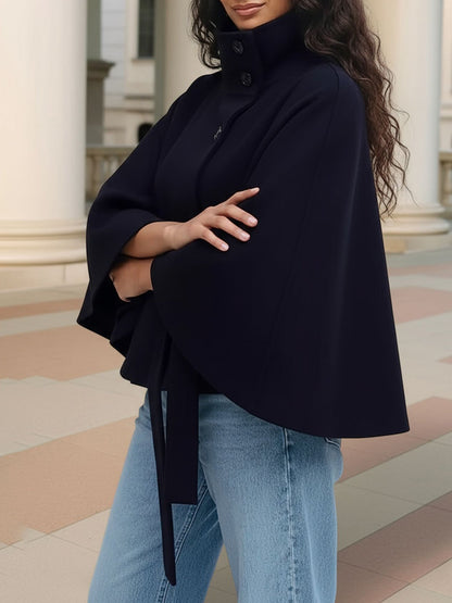 Stand Collar Solid Color Belted Cape Coat