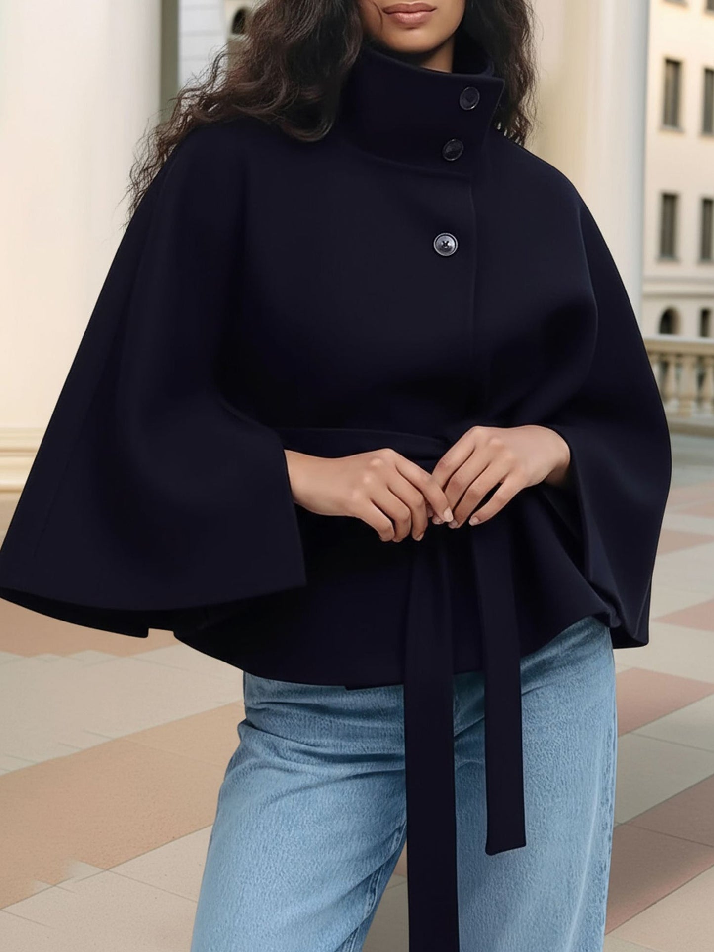 Stand Collar Solid Color Belted Cape Coat