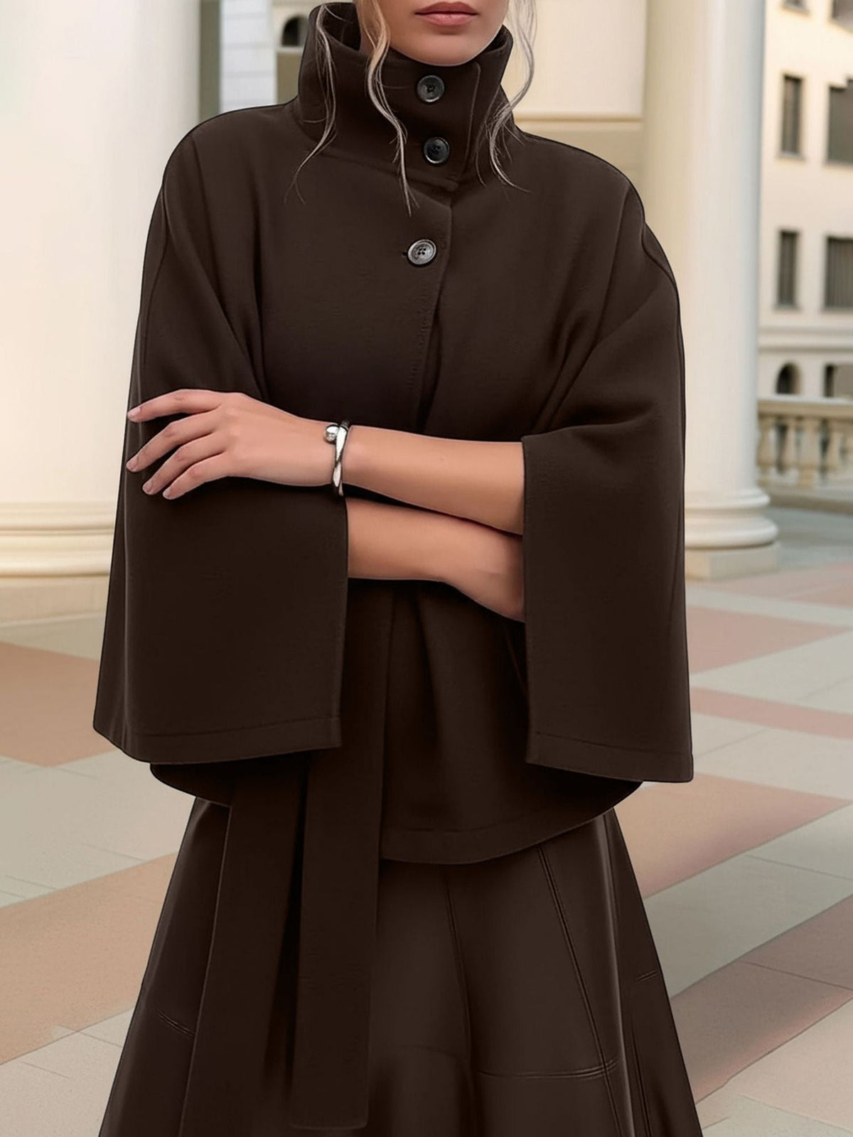Stand Collar Solid Color Belted Cape Coat
