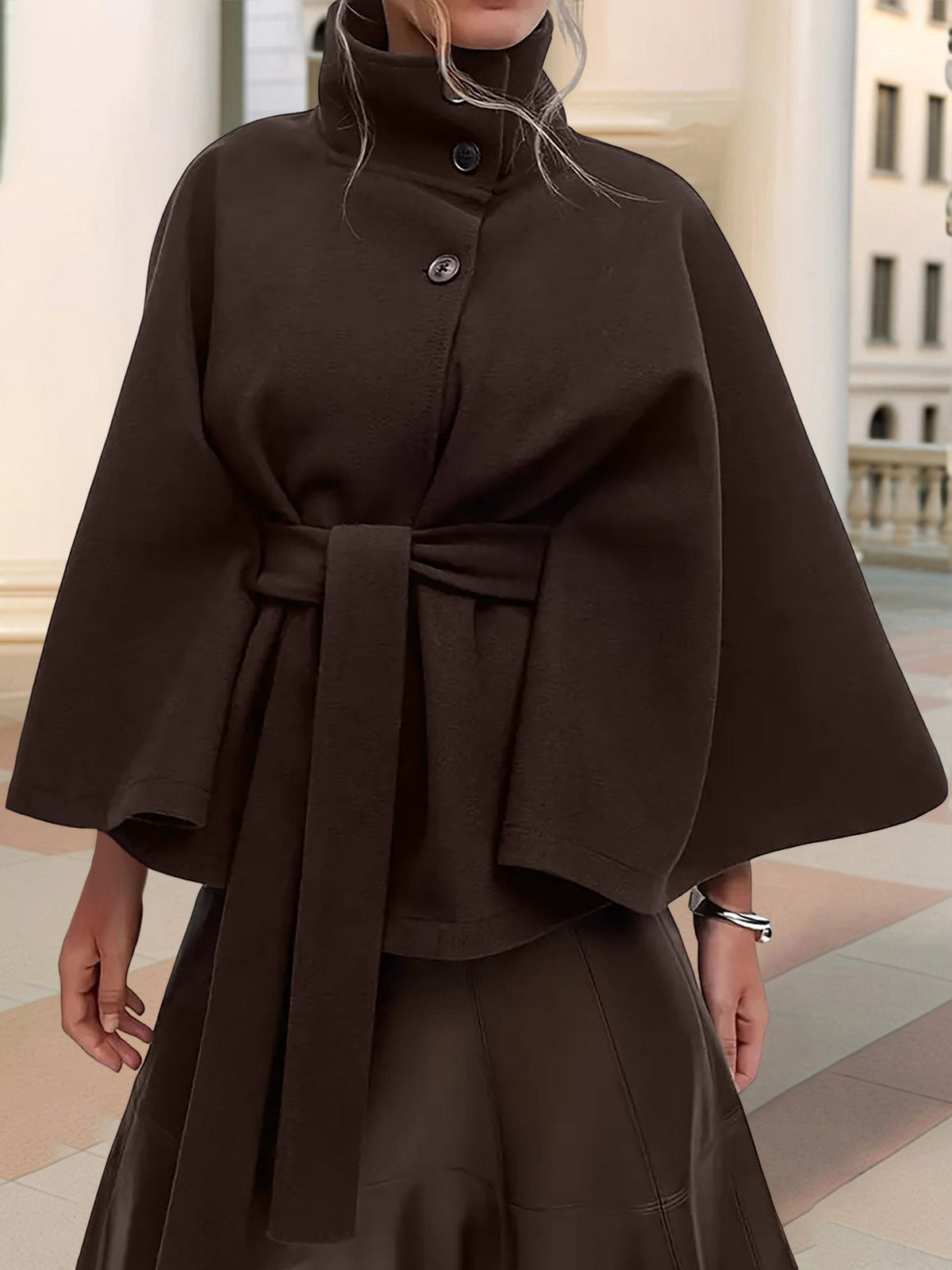Stand Collar Solid Color Belted Cape Coat