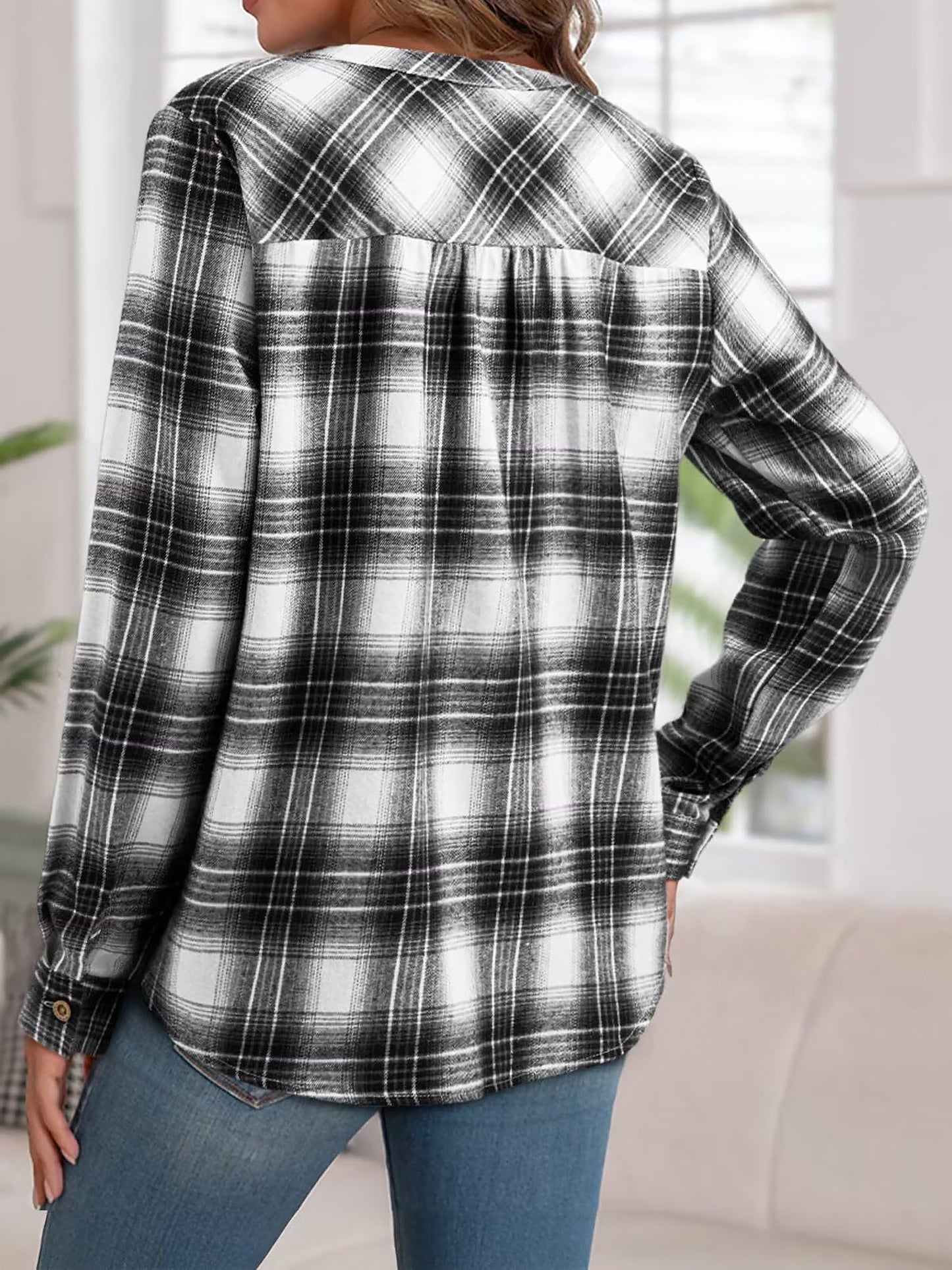 Plaid Buttoned Notch Neck Casual Blouse