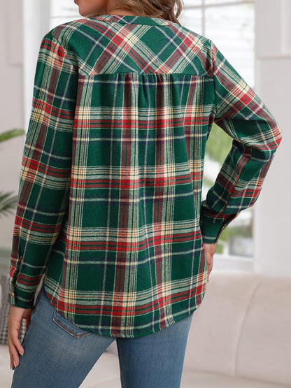 Plaid Buttoned Notch Neck Casual Blouse