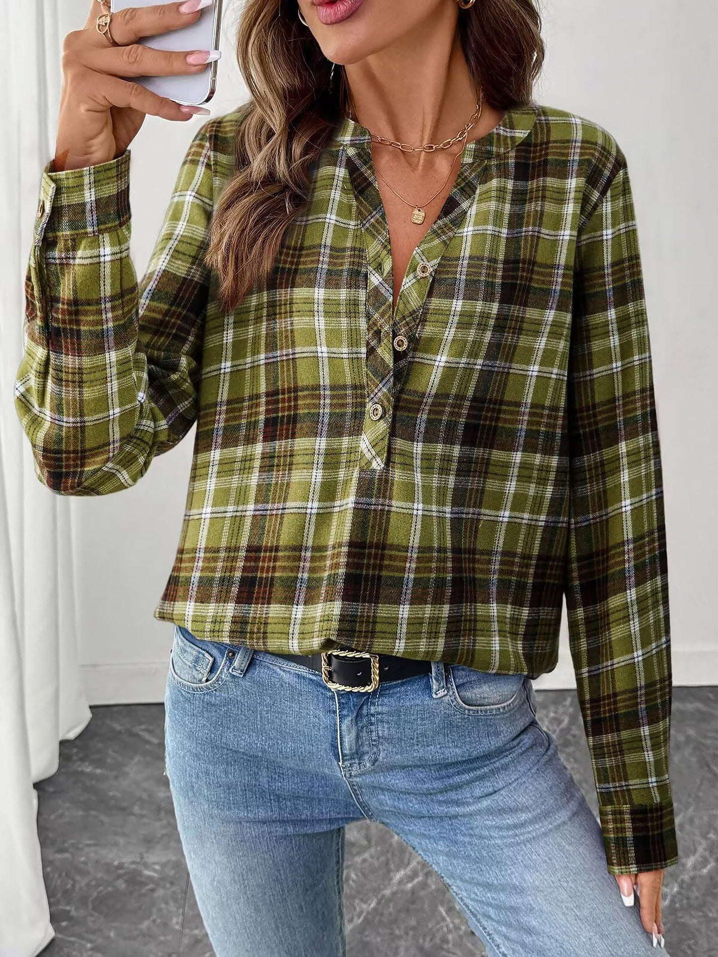 Plaid Buttoned Notch Neck Casual Blouse