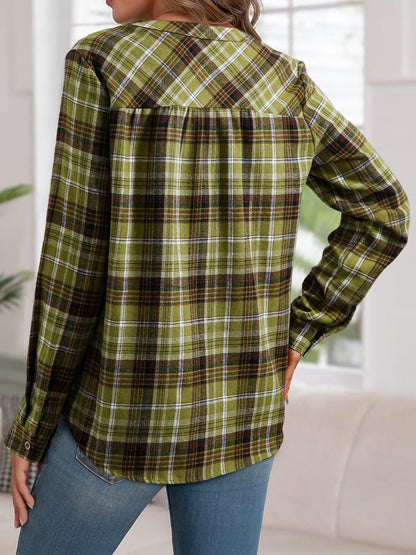 Plaid Buttoned Notch Neck Casual Blouse