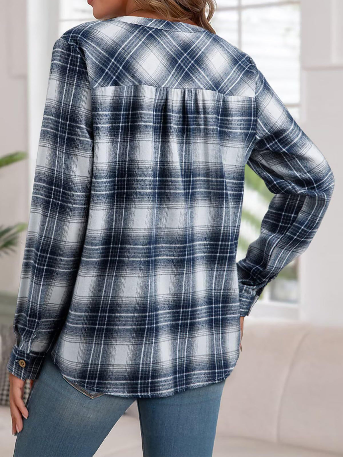 Plaid Buttoned Notch Neck Casual Blouse