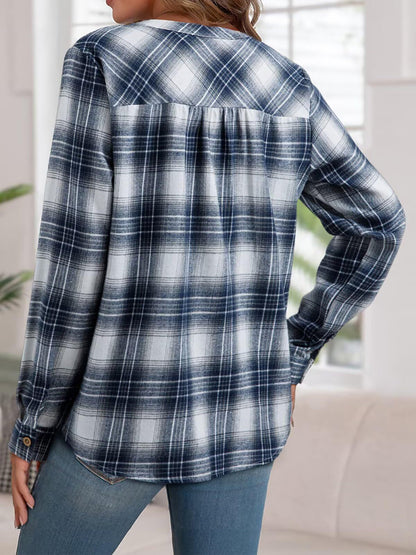 Plaid Buttoned Notch Neck Casual Blouse