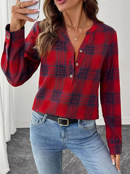 Plaid Buttoned Notch Neck Casual Blouse