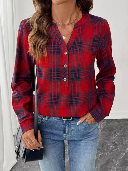Plaid Buttoned Notch Neck Casual Blouse