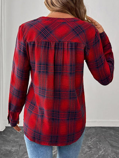 Plaid Buttoned Notch Neck Casual Blouse