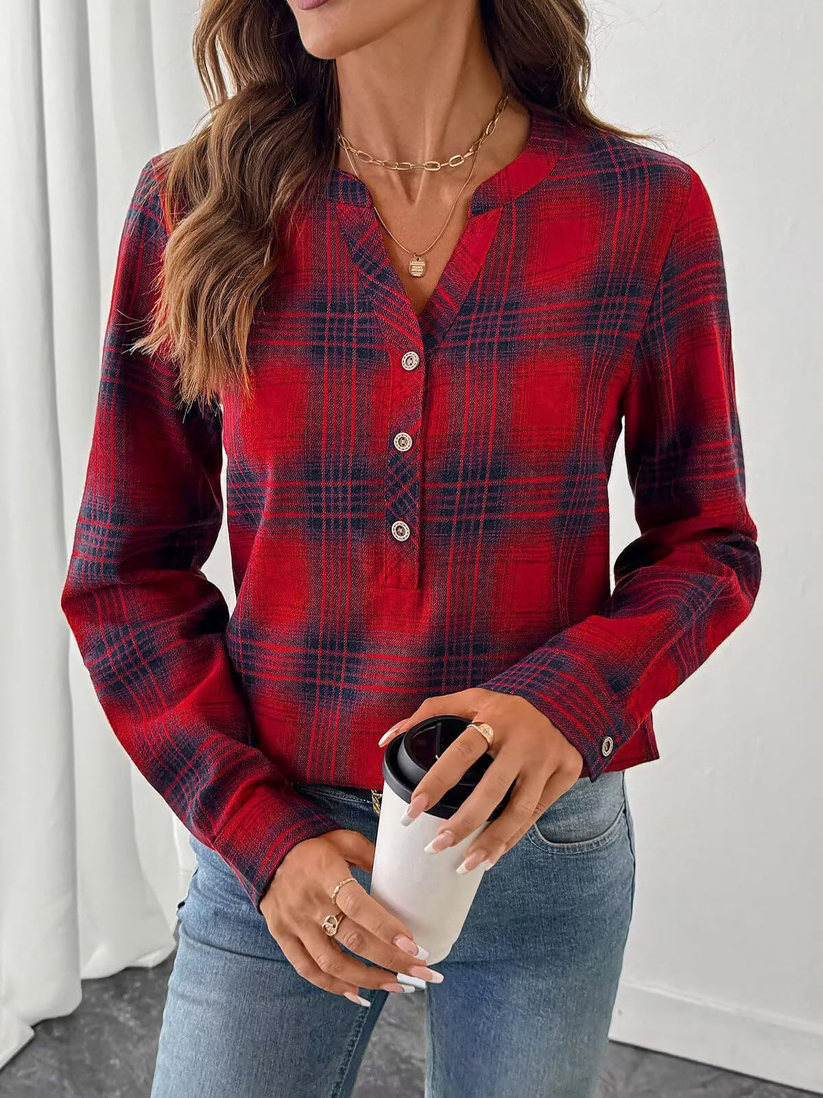 Plaid Buttoned Notch Neck Casual Blouse