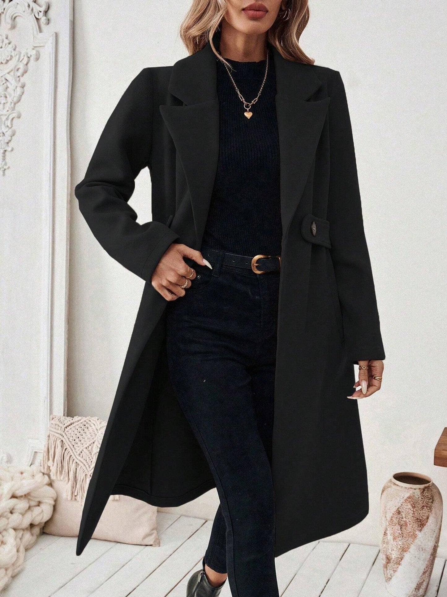 Notched Lapel Double Breasted Pockets Mid-Length Pea Coat