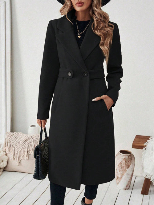 Notched Lapel Double Breasted Pockets Mid-Length Pea Coat