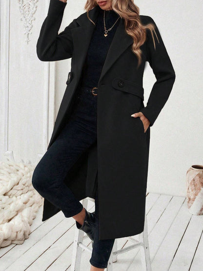Notched Lapel Double Breasted Pockets Mid-Length Pea Coat