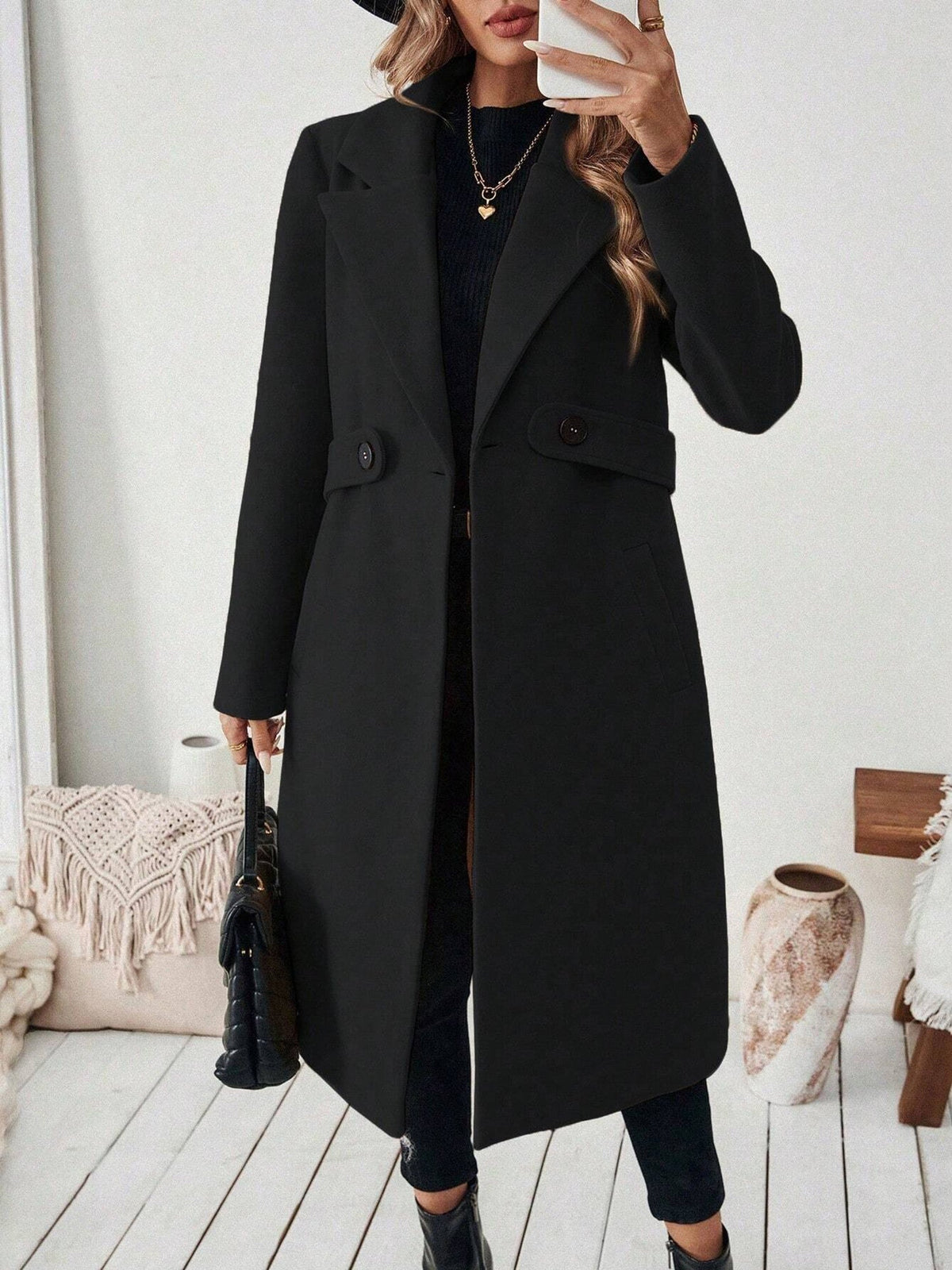 Notched Lapel Double Breasted Pockets Mid-Length Pea Coat
