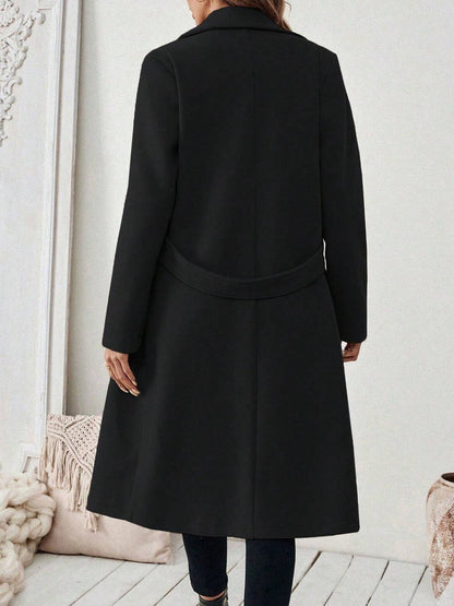 Notched Lapel Double Breasted Pockets Mid-Length Pea Coat