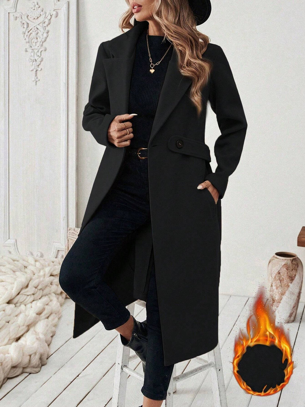 Notched Lapel Double Breasted Pockets Mid-Length Pea Coat
