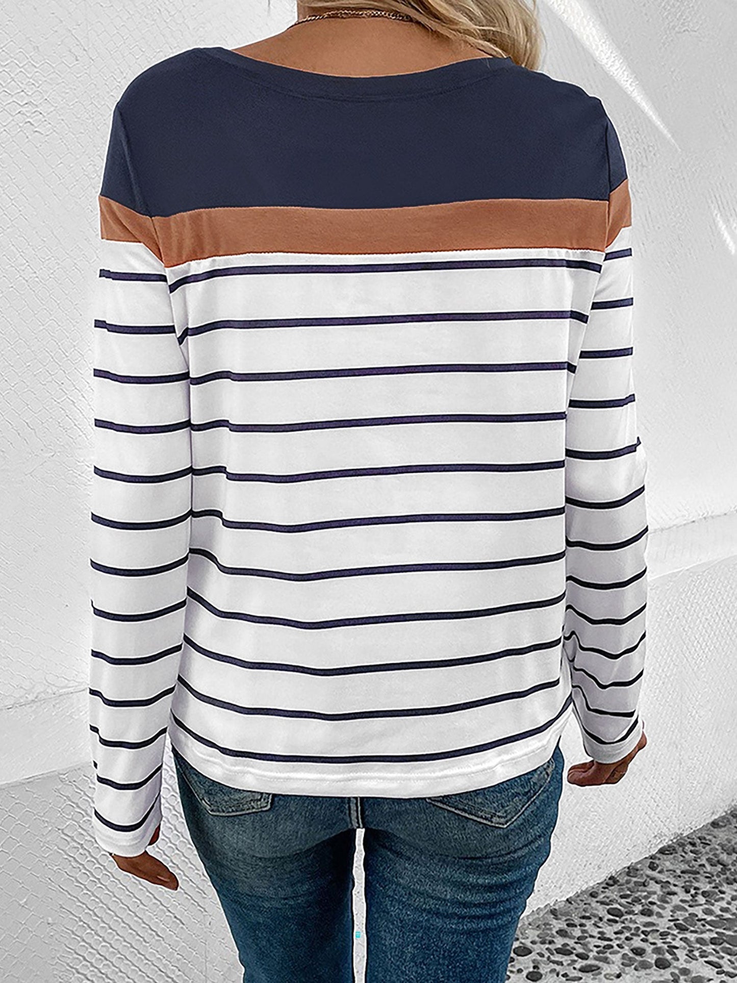 Round Neck Long Sleeve Striped Top