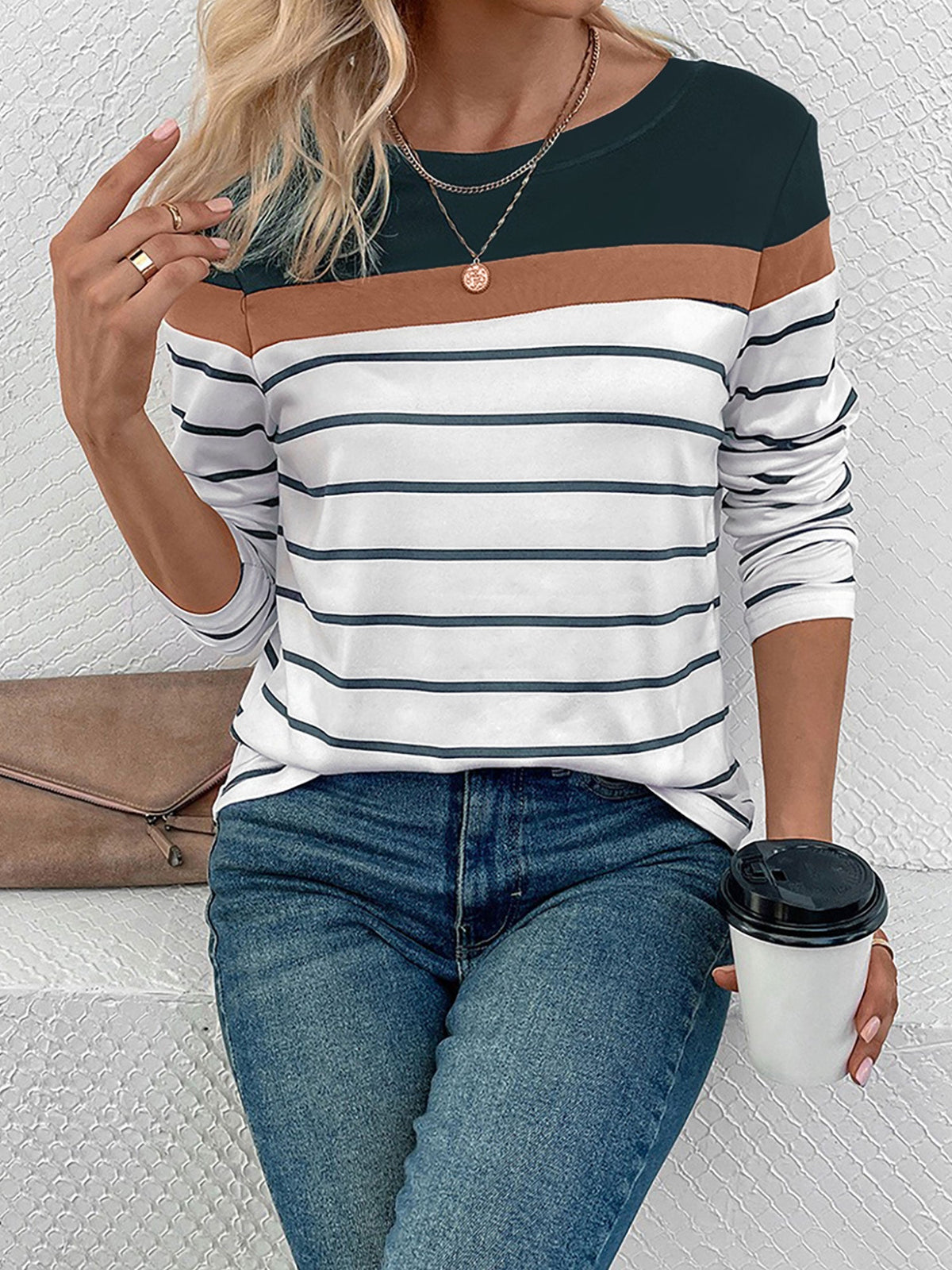 Round Neck Long Sleeve Striped Top