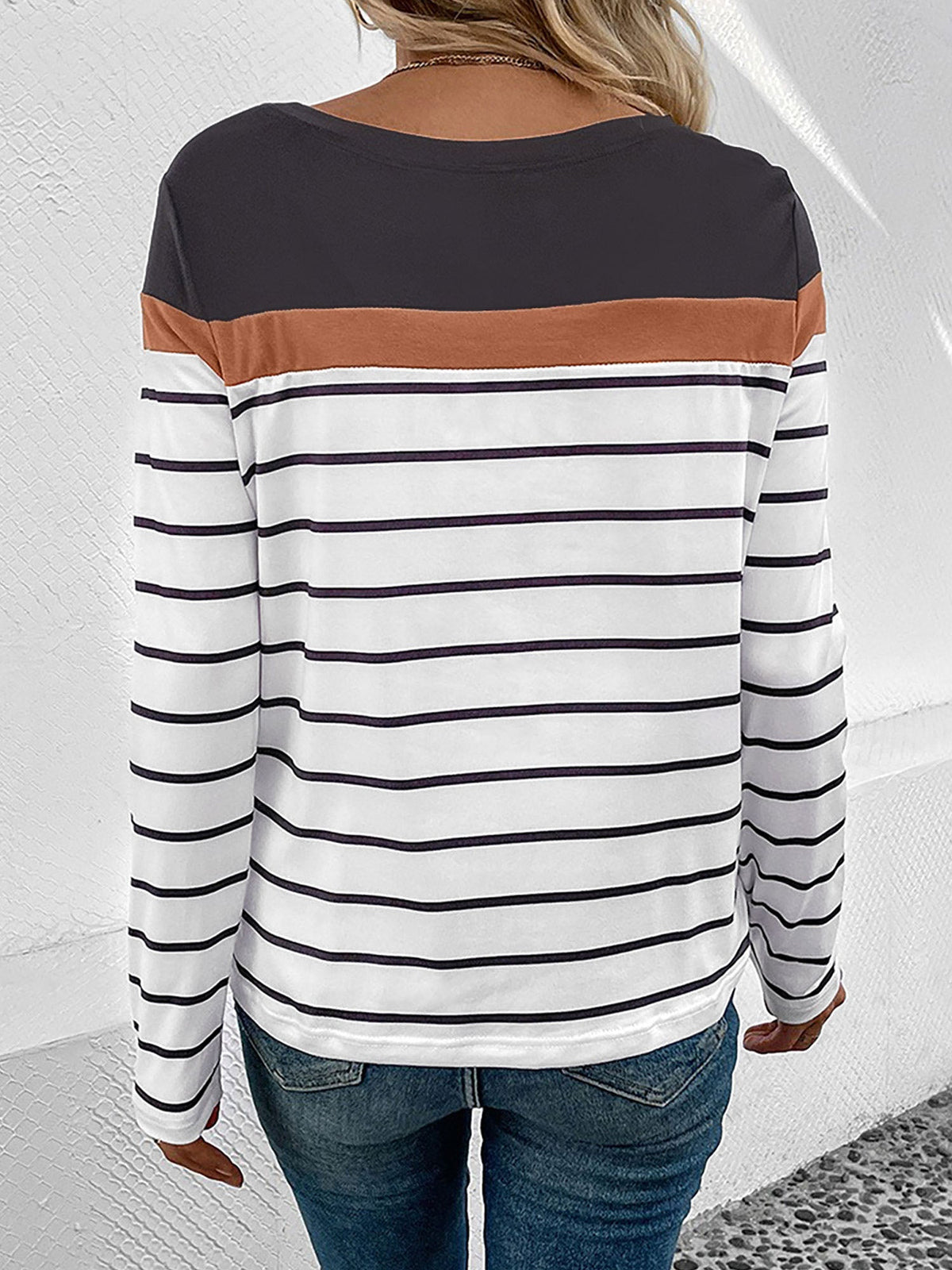 Round Neck Long Sleeve Striped Top