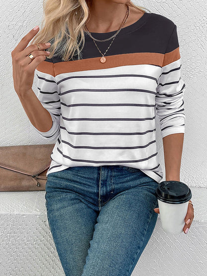 Round Neck Long Sleeve Striped Top