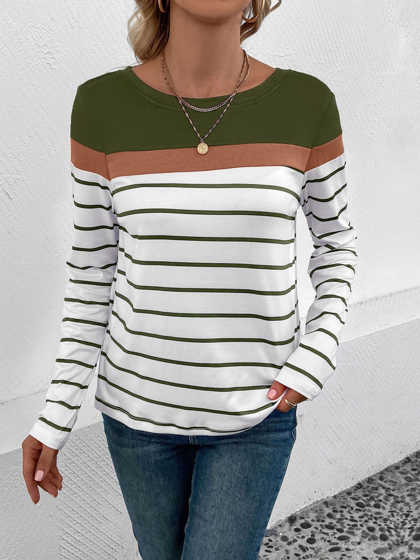 Round Neck Long Sleeve Striped Top