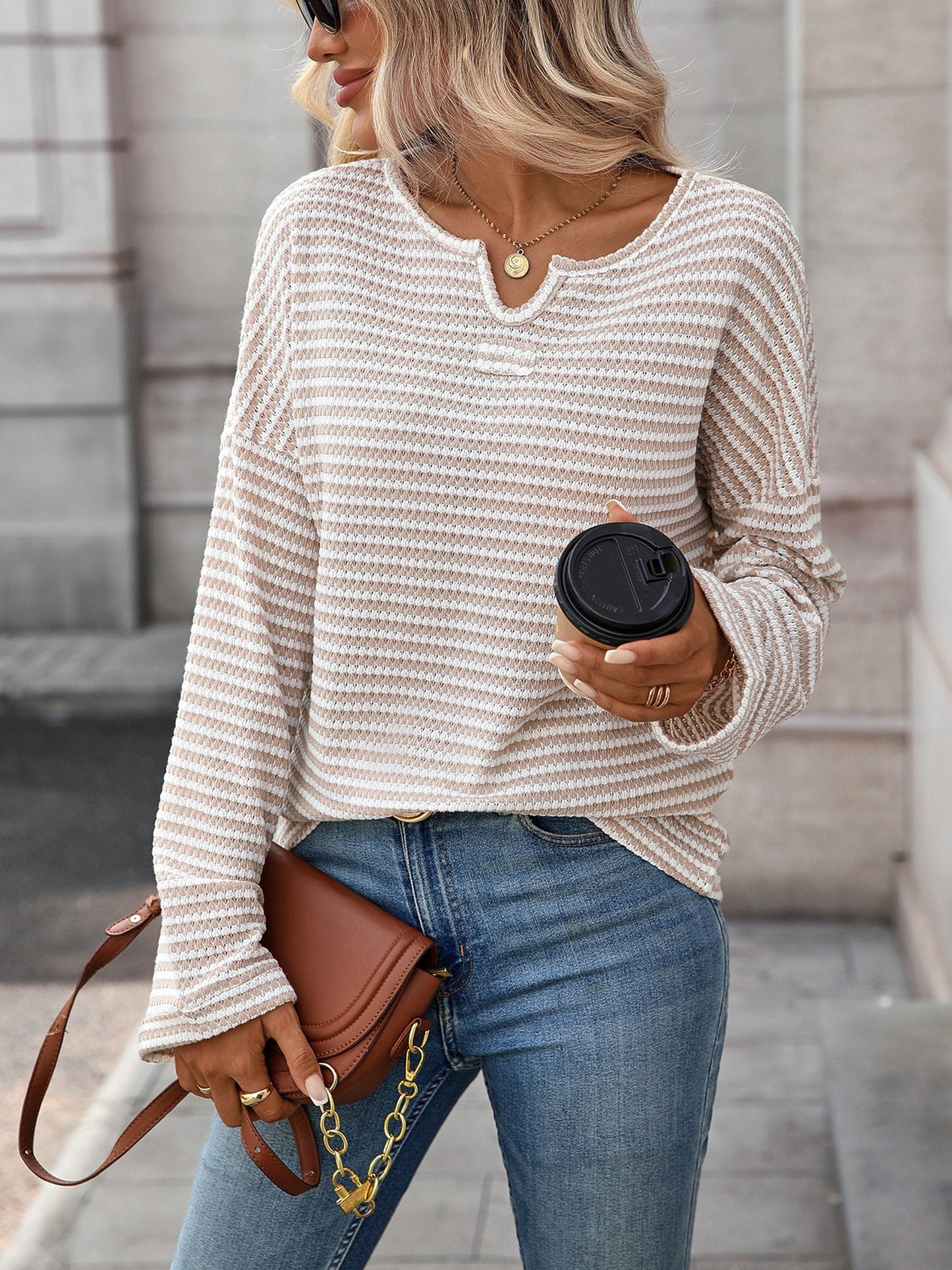 Notch Neck Textured Waffle Knit Long Sleeves Top