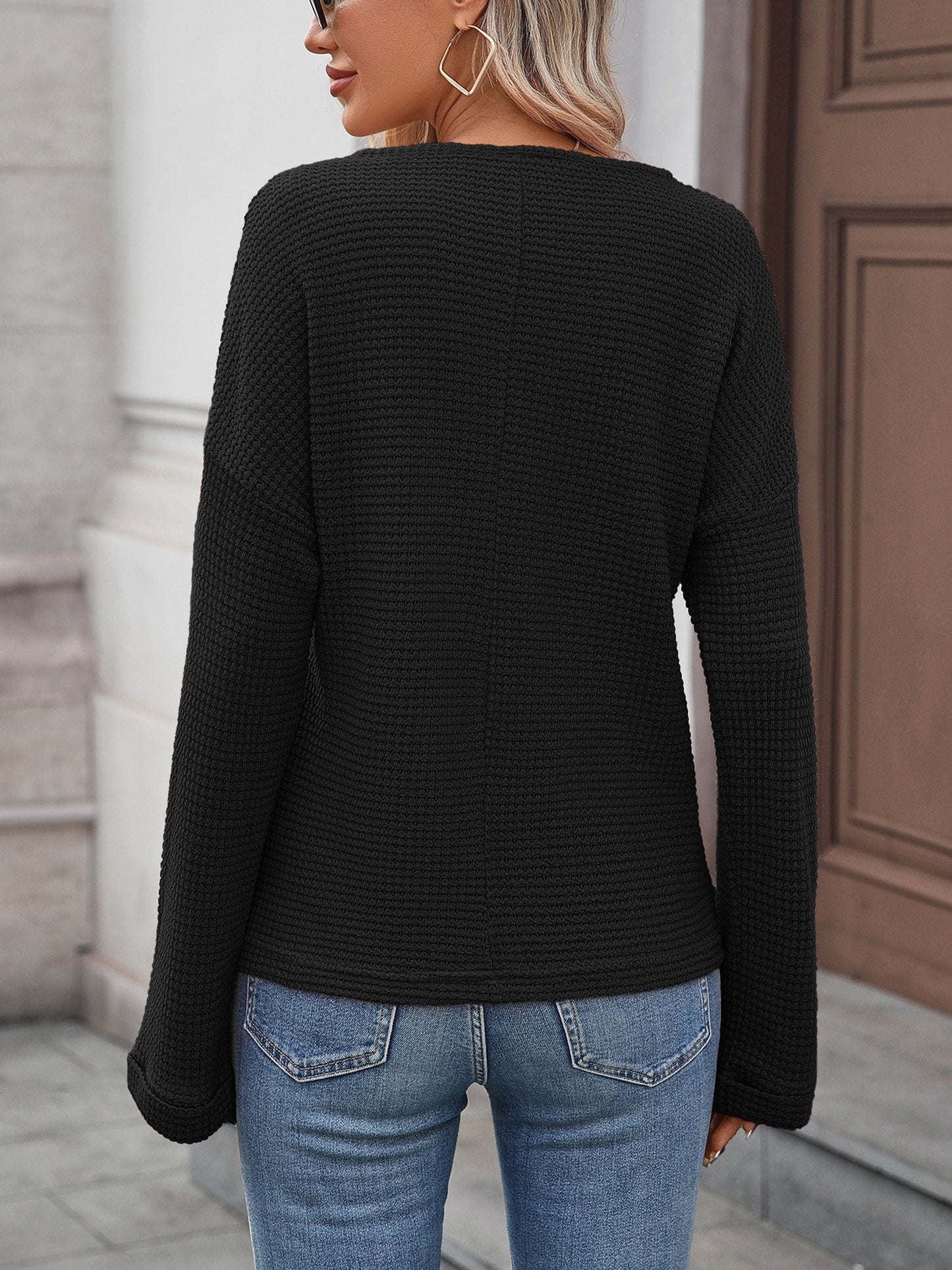 Notch Neck Textured Waffle Knit Long Sleeves Top