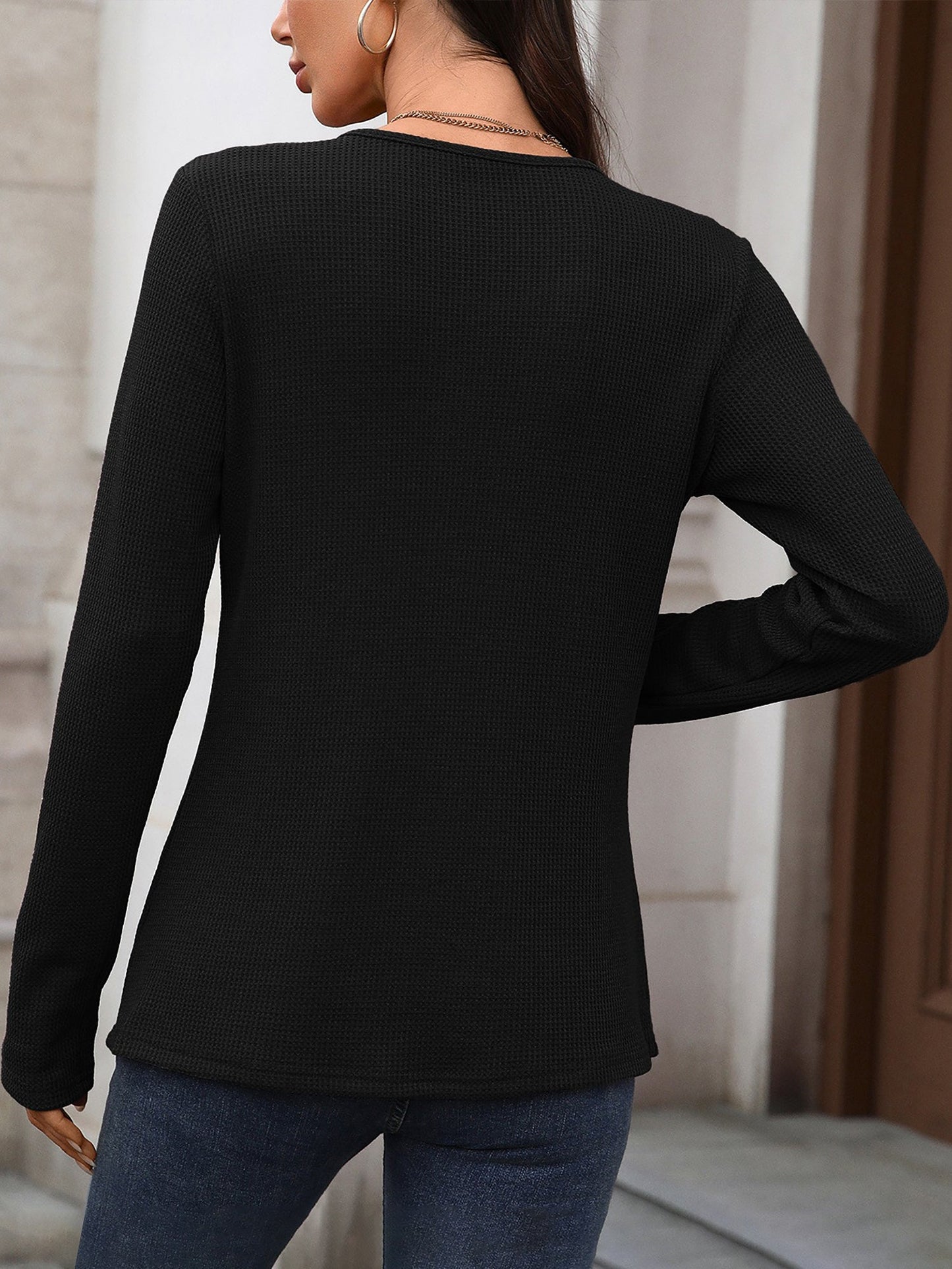 Solid Color Button Long Sleeve Textured Casual Blouse