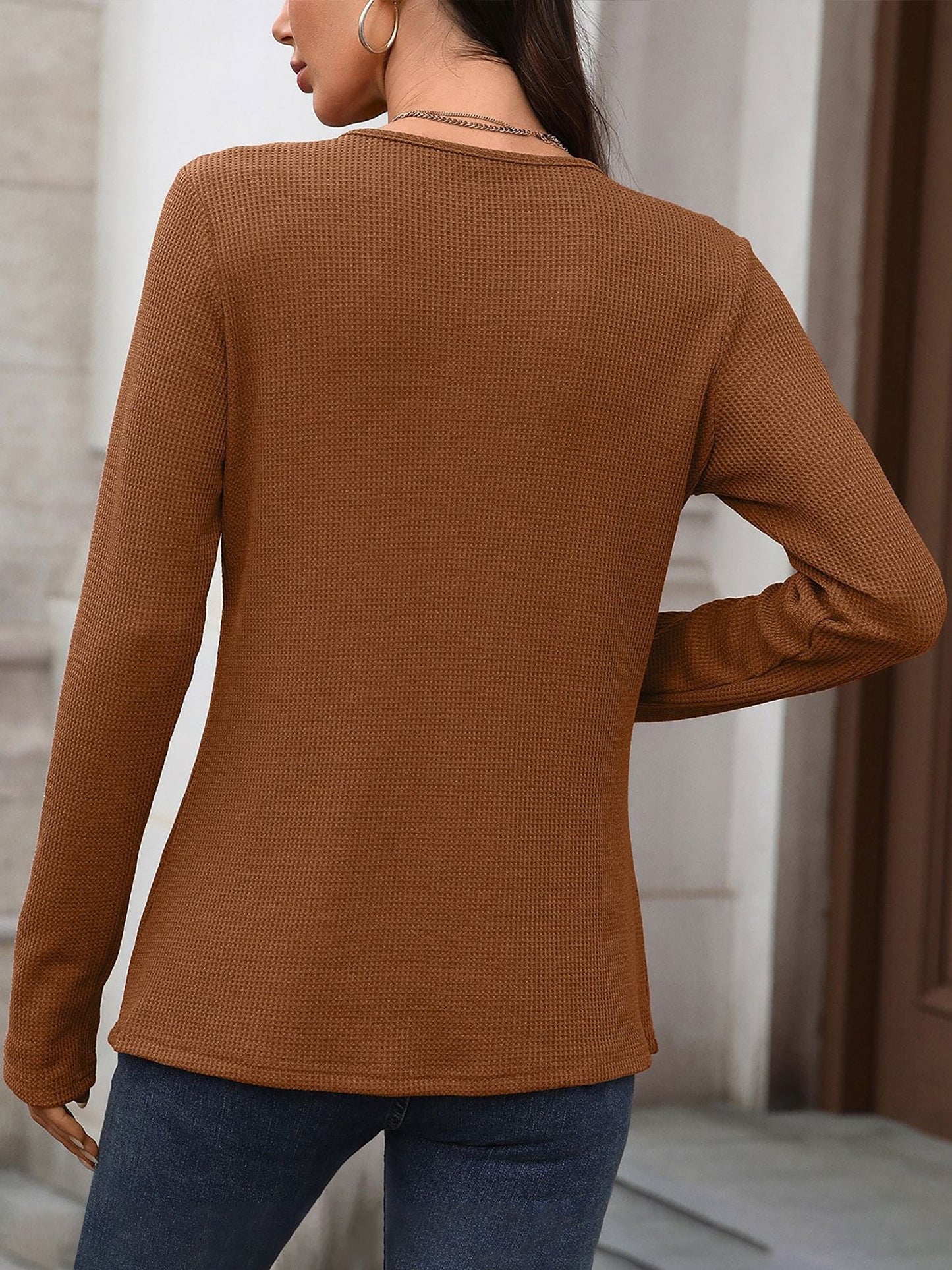 Solid Color Button Long Sleeve Textured Casual Blouse
