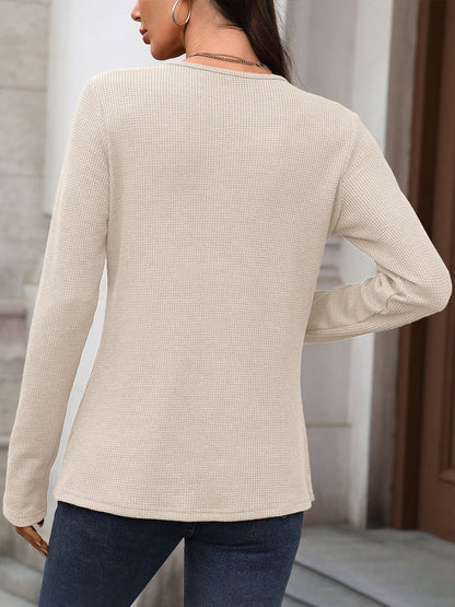 Solid Color Button Long Sleeve Textured Casual Blouse