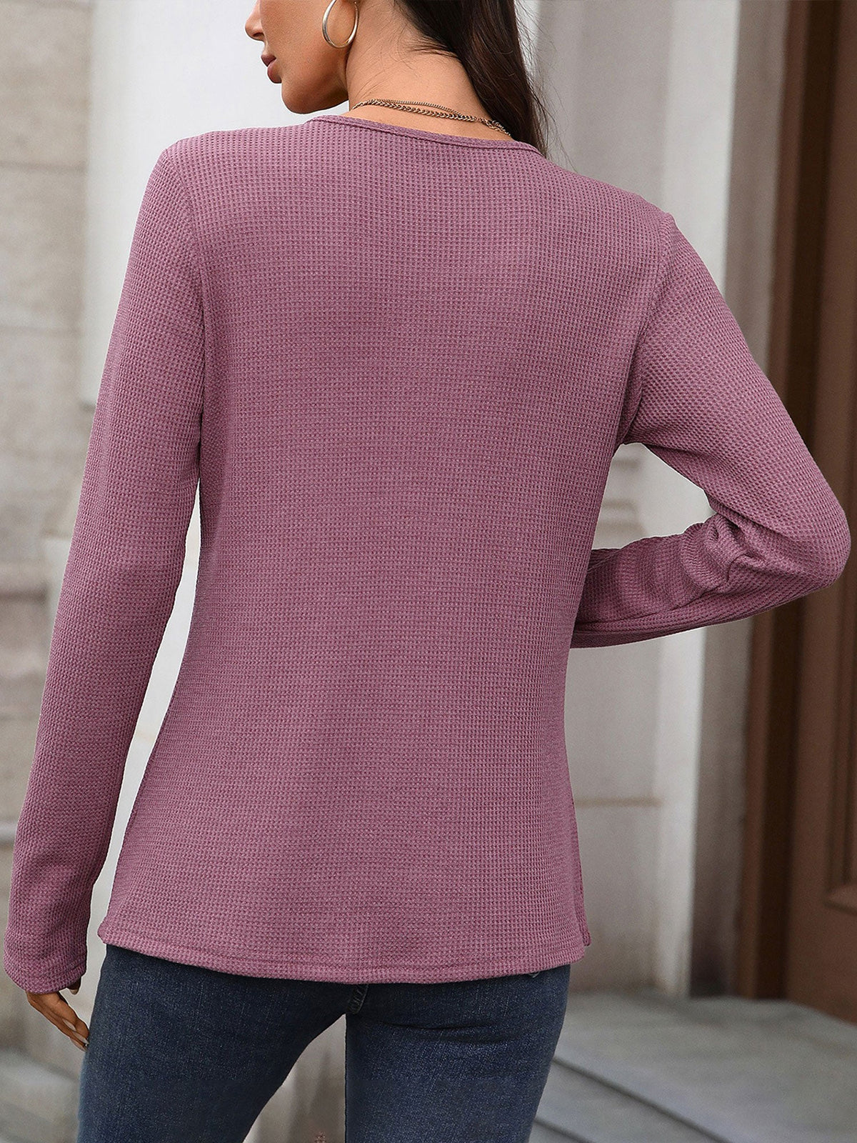 Solid Color Button Long Sleeve Textured Casual Blouse