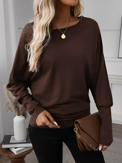 Round Neck Batwing Sleeve Solid Color Top