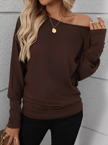 Round Neck Batwing Sleeve Solid Color Top