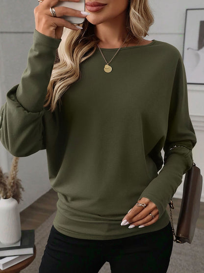 Round Neck Batwing Sleeve Solid Color Top