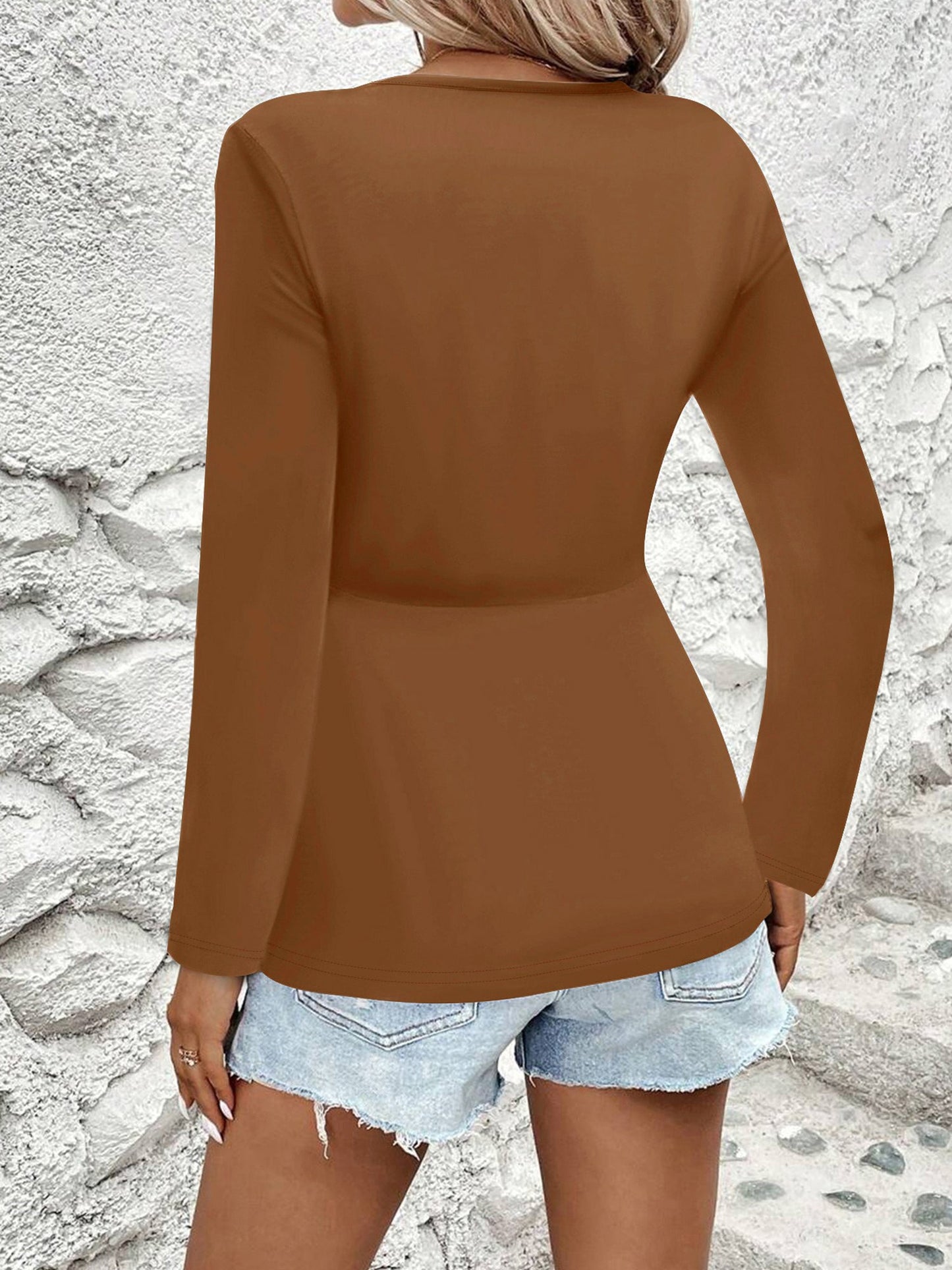 Twisted Ruched Solid Color Long Sleeve V Neck Blouse