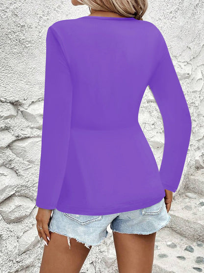Twisted Ruched Solid Color Long Sleeve V Neck Blouse